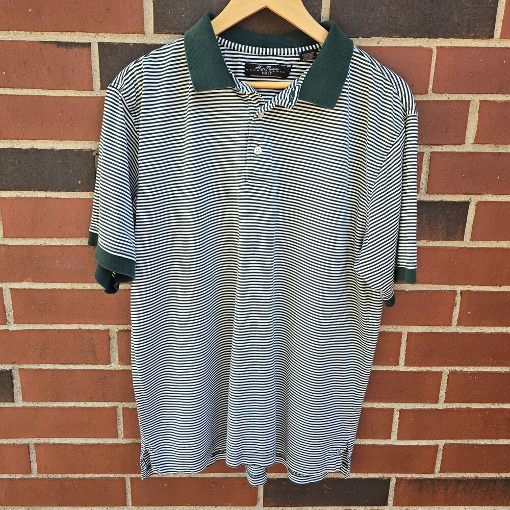Alan Flusser Polo Shirt Golf Men Medium Green Striped Short Sleeve Casual Cotton